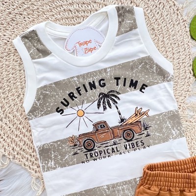 Conj. Regata Surfing Time e Bermuda em Moletinho - Areia e Ferrugem